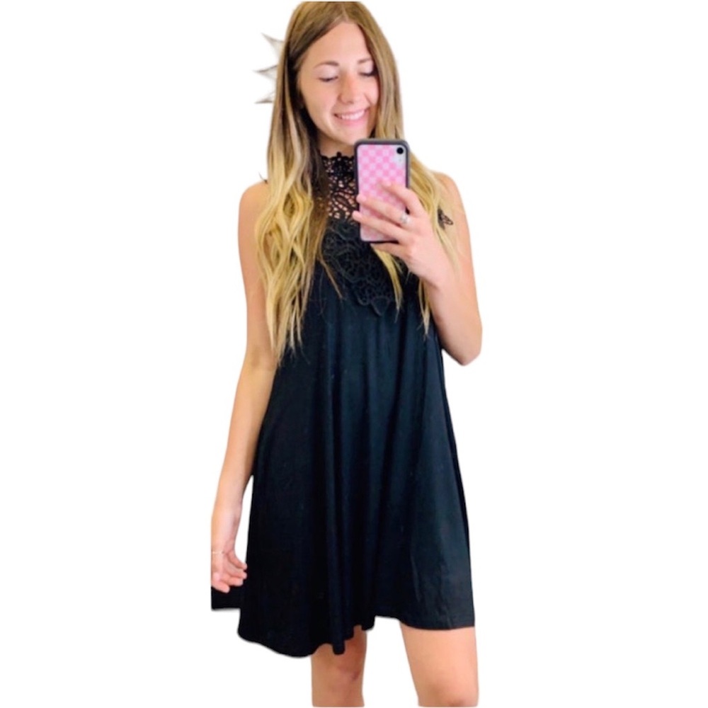 Rachel - Boho Lace Yoke Dress - Black - Women's Size Large